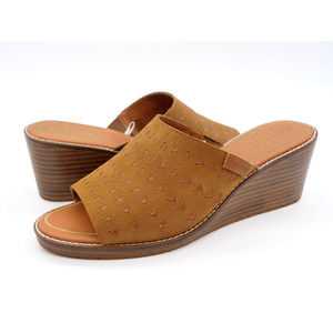 Pendleton Sandals Womens 9 Brown Leather Wedge Heel Peep Toe Slip On Shoes